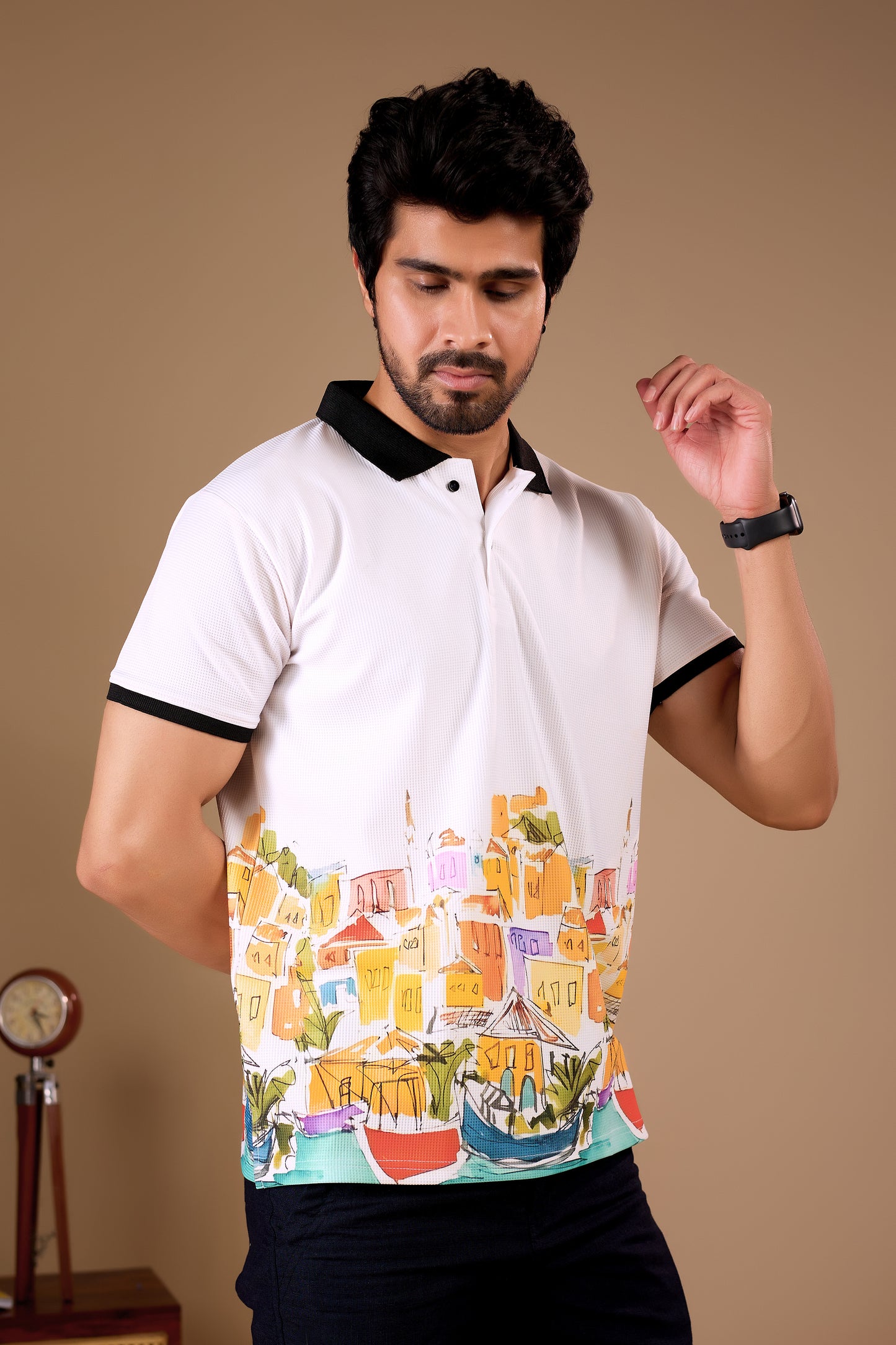 White Premium Fabric Regular Printed Polo T Shirt For Men