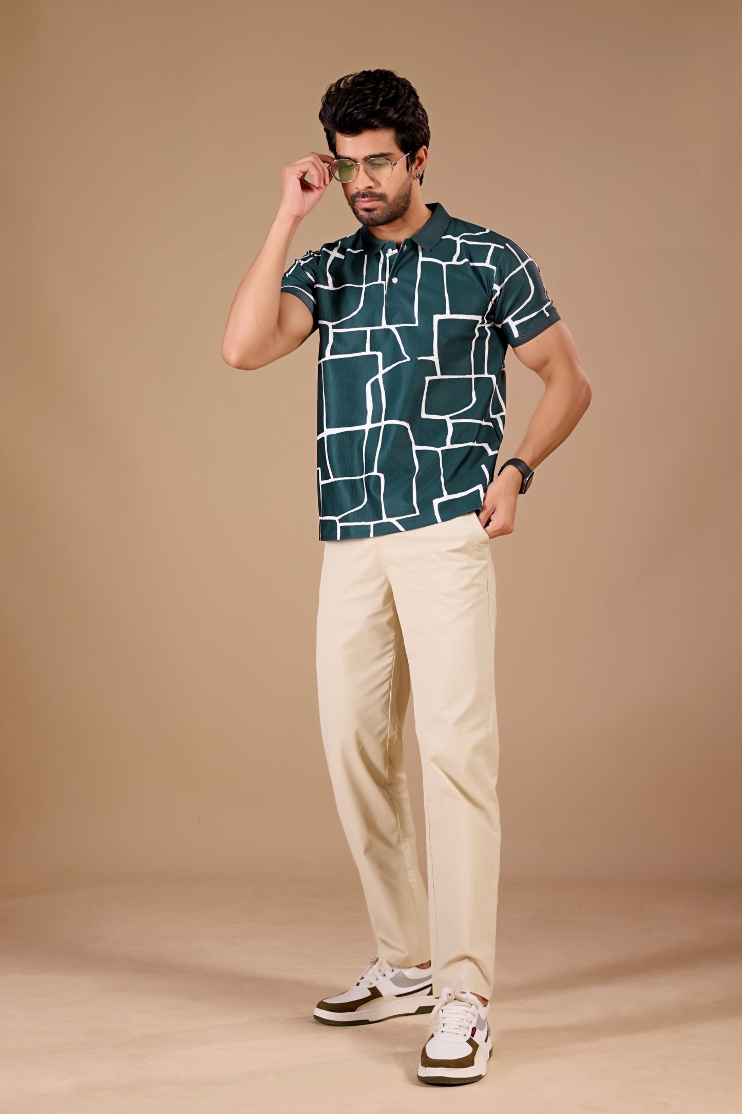 Tshirtsbuddy Mens Abstract Geometric Print Polo Shirt - Dark Teal
