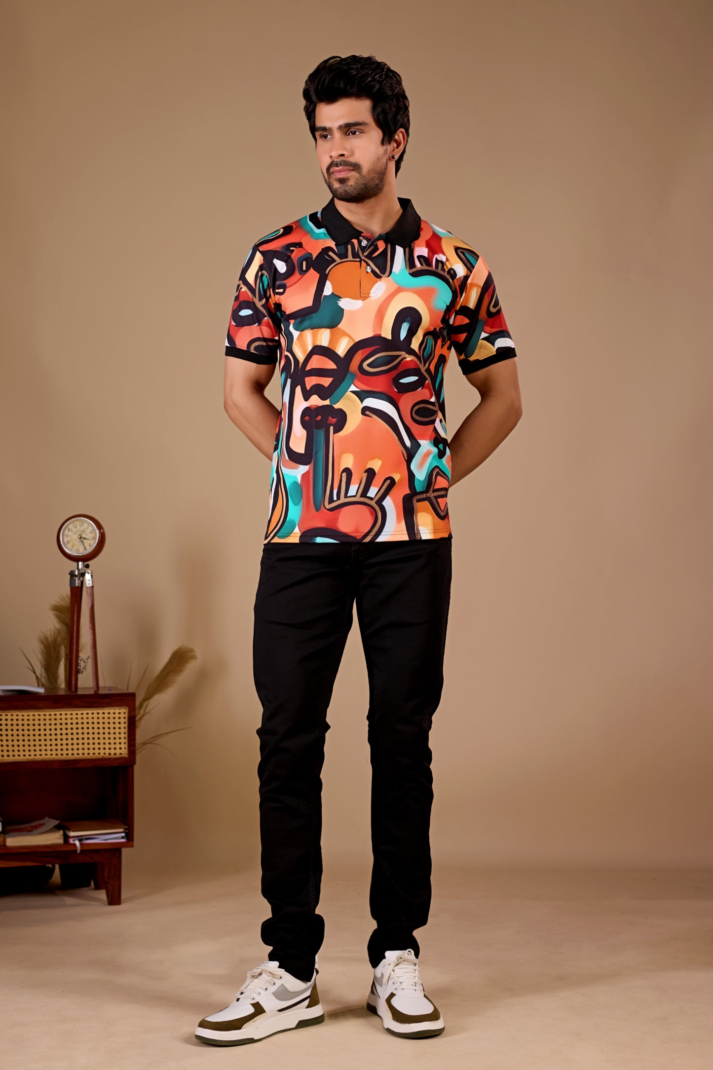 Multicolor Premium Fabric Regular Printed Polo T Shirt For Men