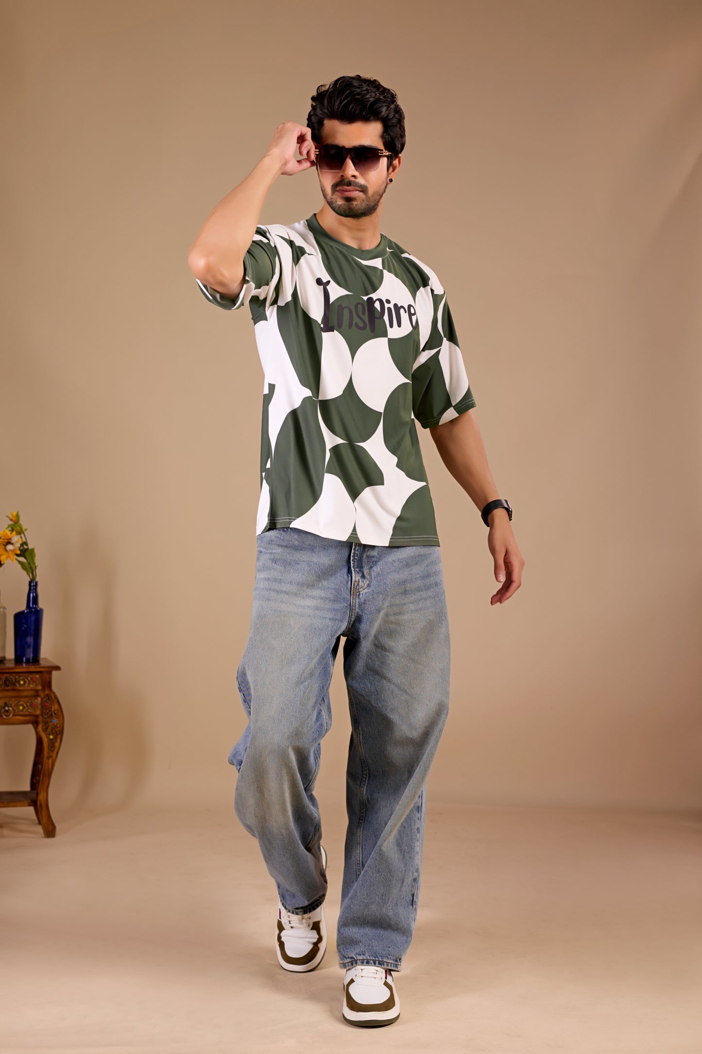 Olive Premium Fabric Oversized Printed T Shirt For Men