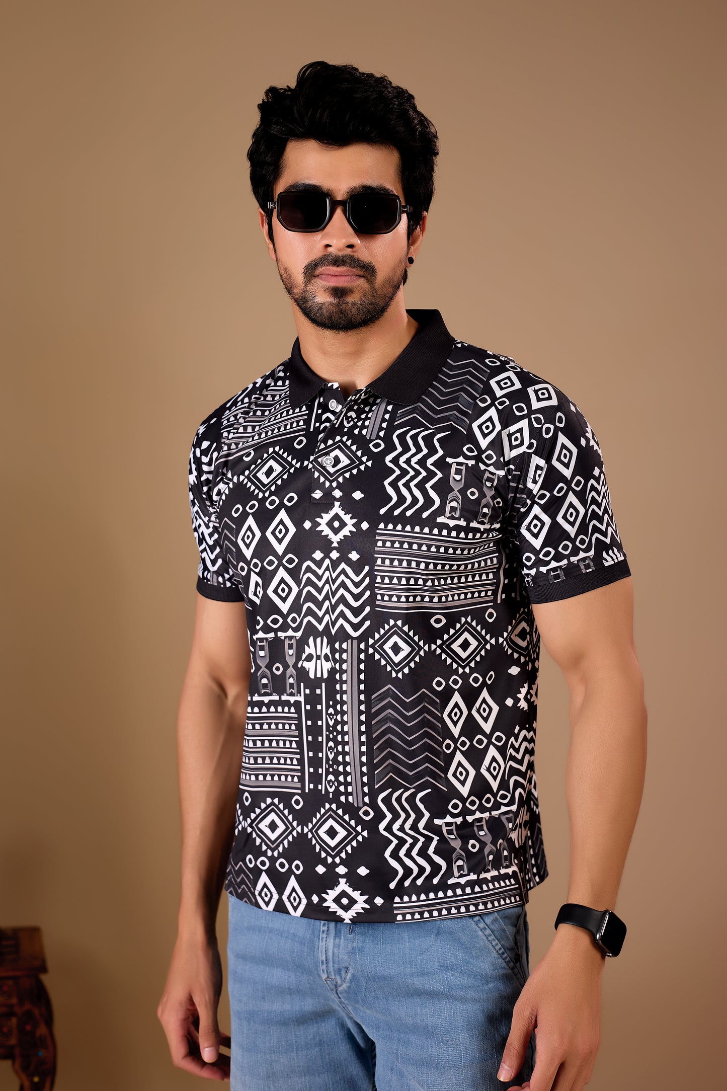 Black Premium Fabric Regular Printed Polo T Shirt For Men