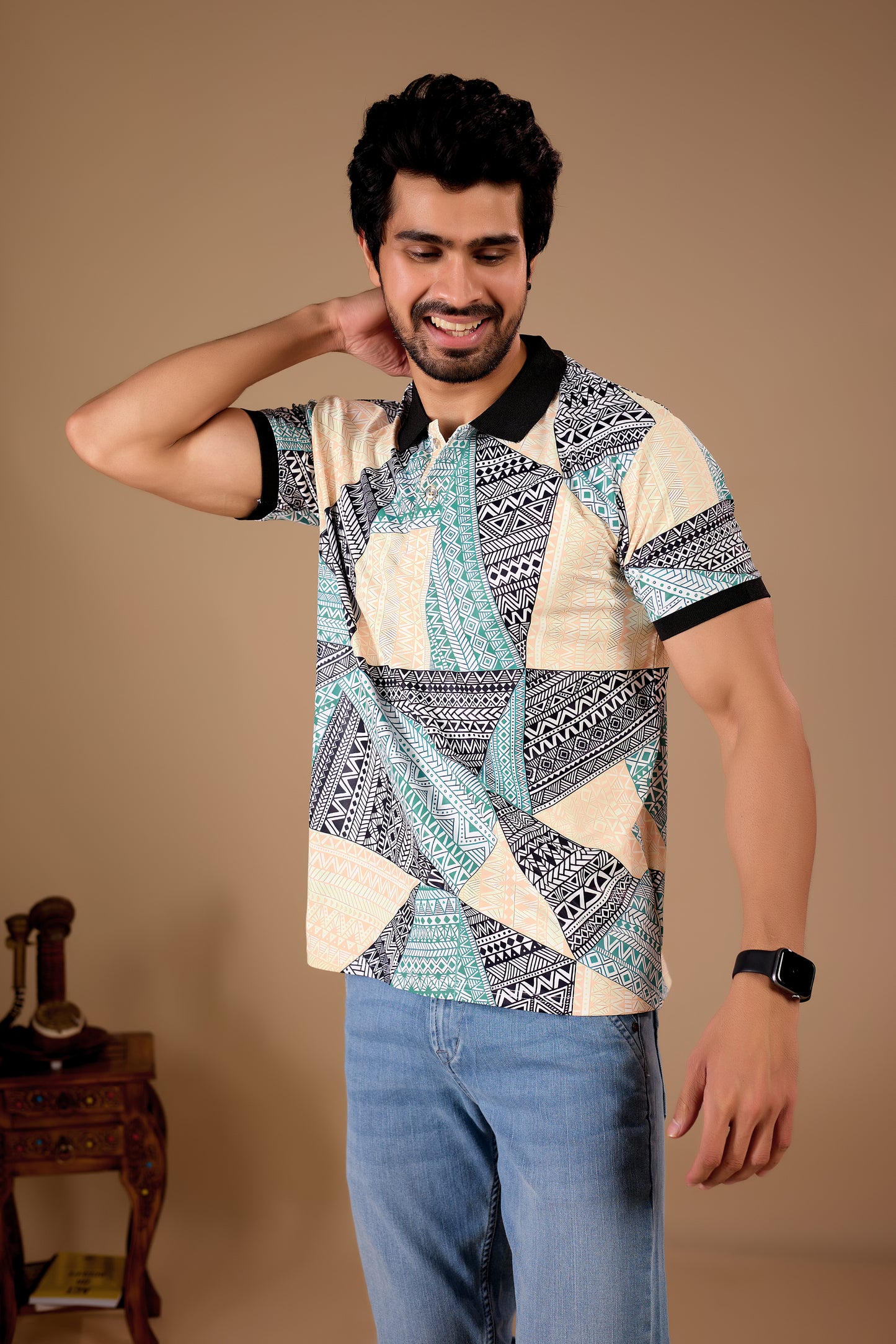 Multicolor Premium Fabric Regular Printed Polo T Shirt For Men