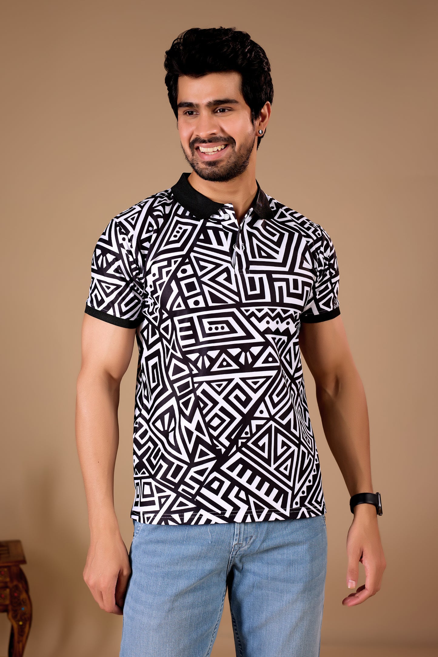 Black Premium Fabric Regular Printed Polo T Shirt For Men