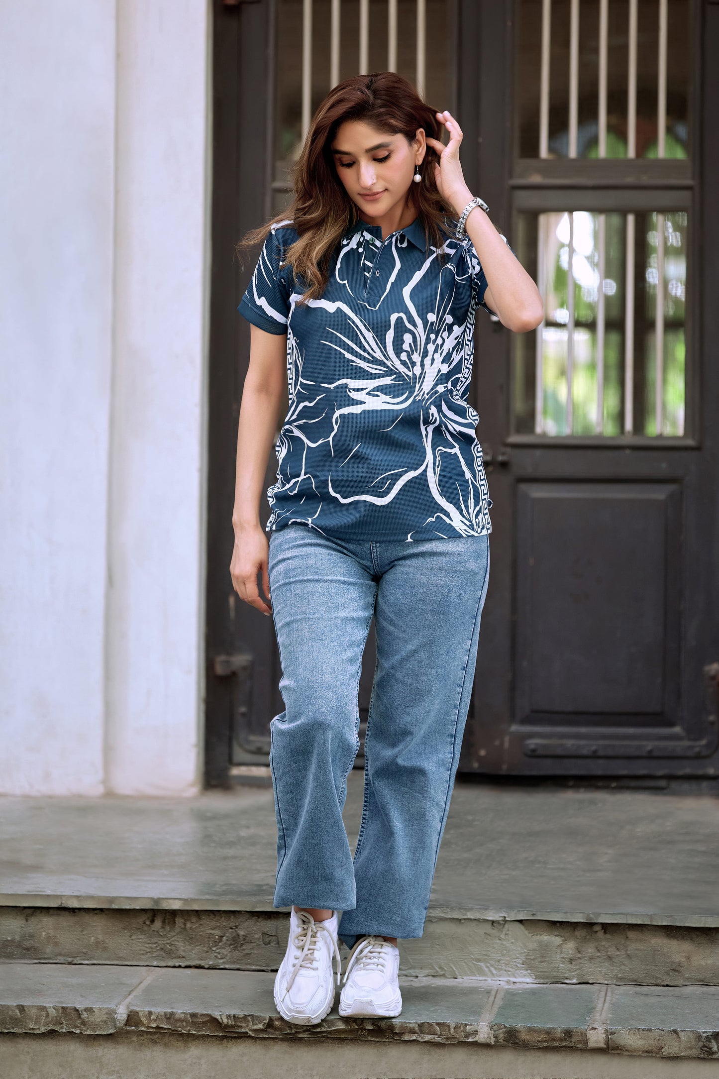 Women’s Teal Floral Printed Polo T-Shirt