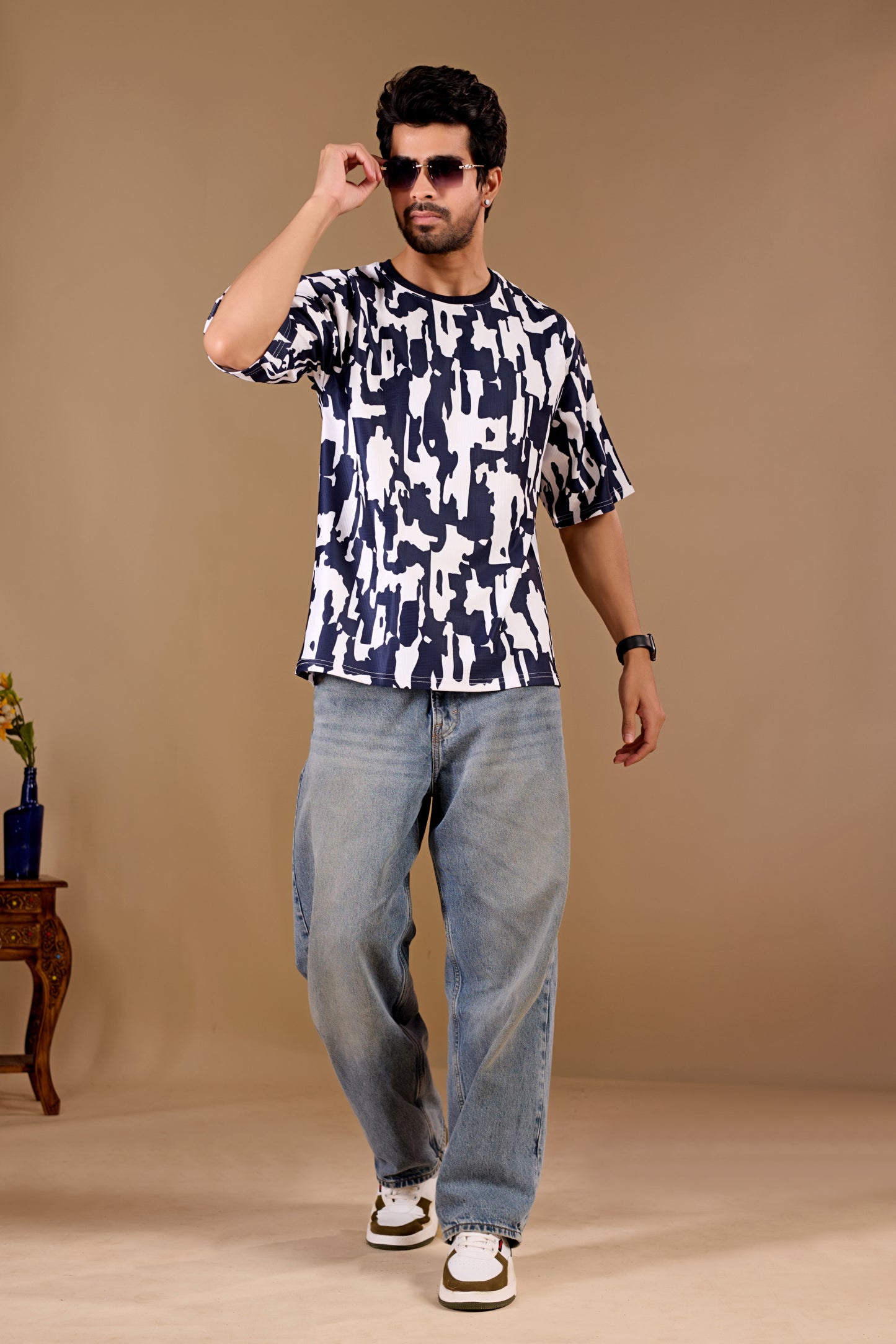 Blue Premium Fabric Oversized Printed T Shirt For Men