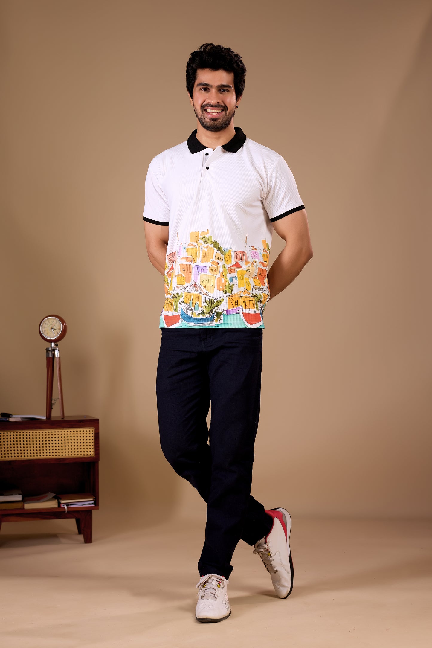 White Premium Fabric Regular Printed Polo T Shirt For Men