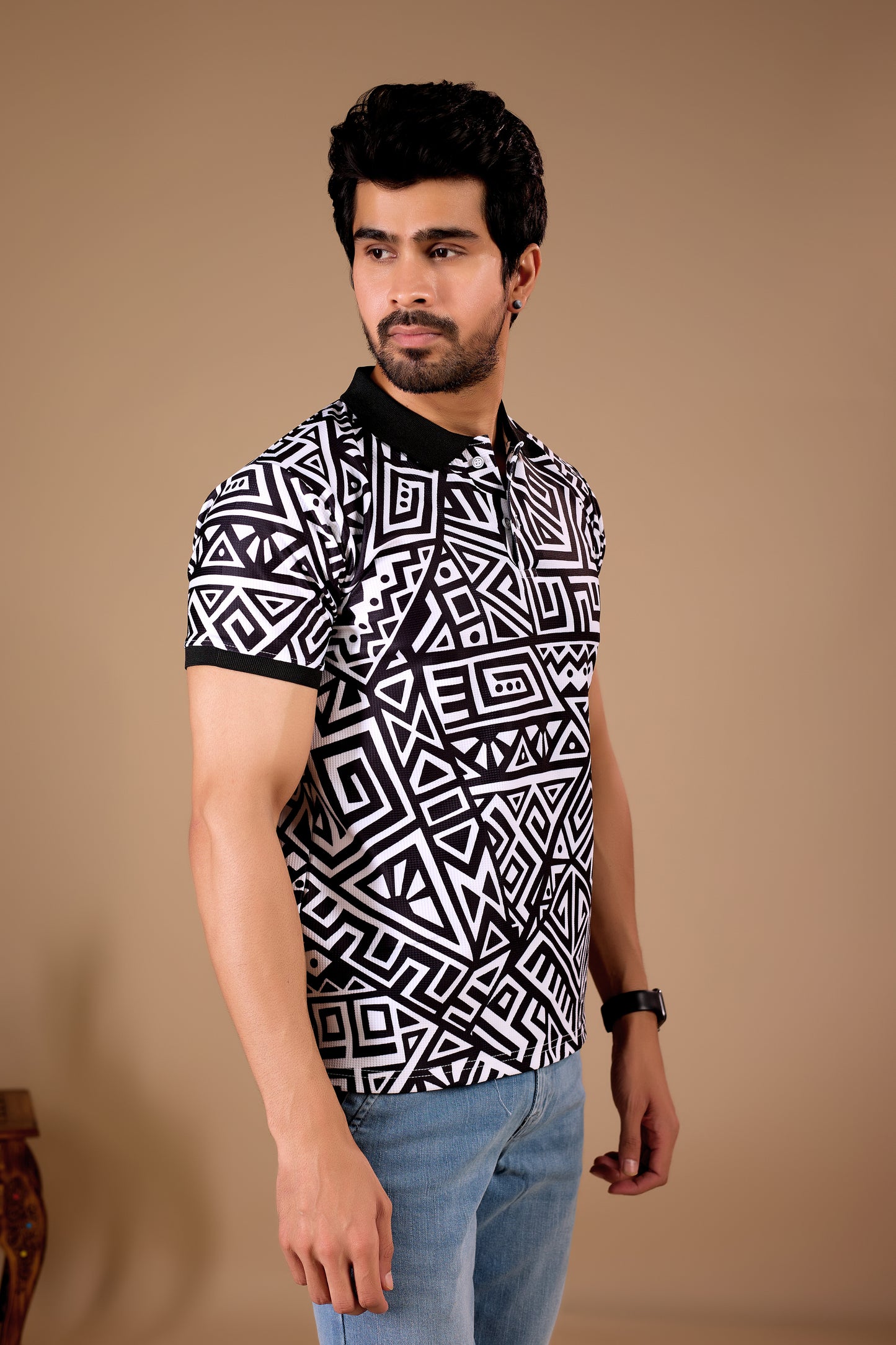 Black Premium Fabric Regular Printed Polo T Shirt For Men
