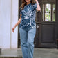 Women’s Teal Floral Printed Polo T-Shirt
