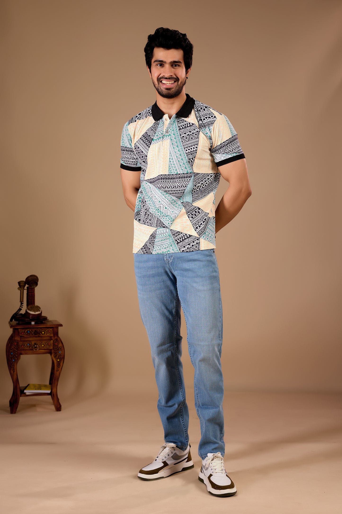 Multicolor Premium Fabric Regular Printed Polo T Shirt For Men
