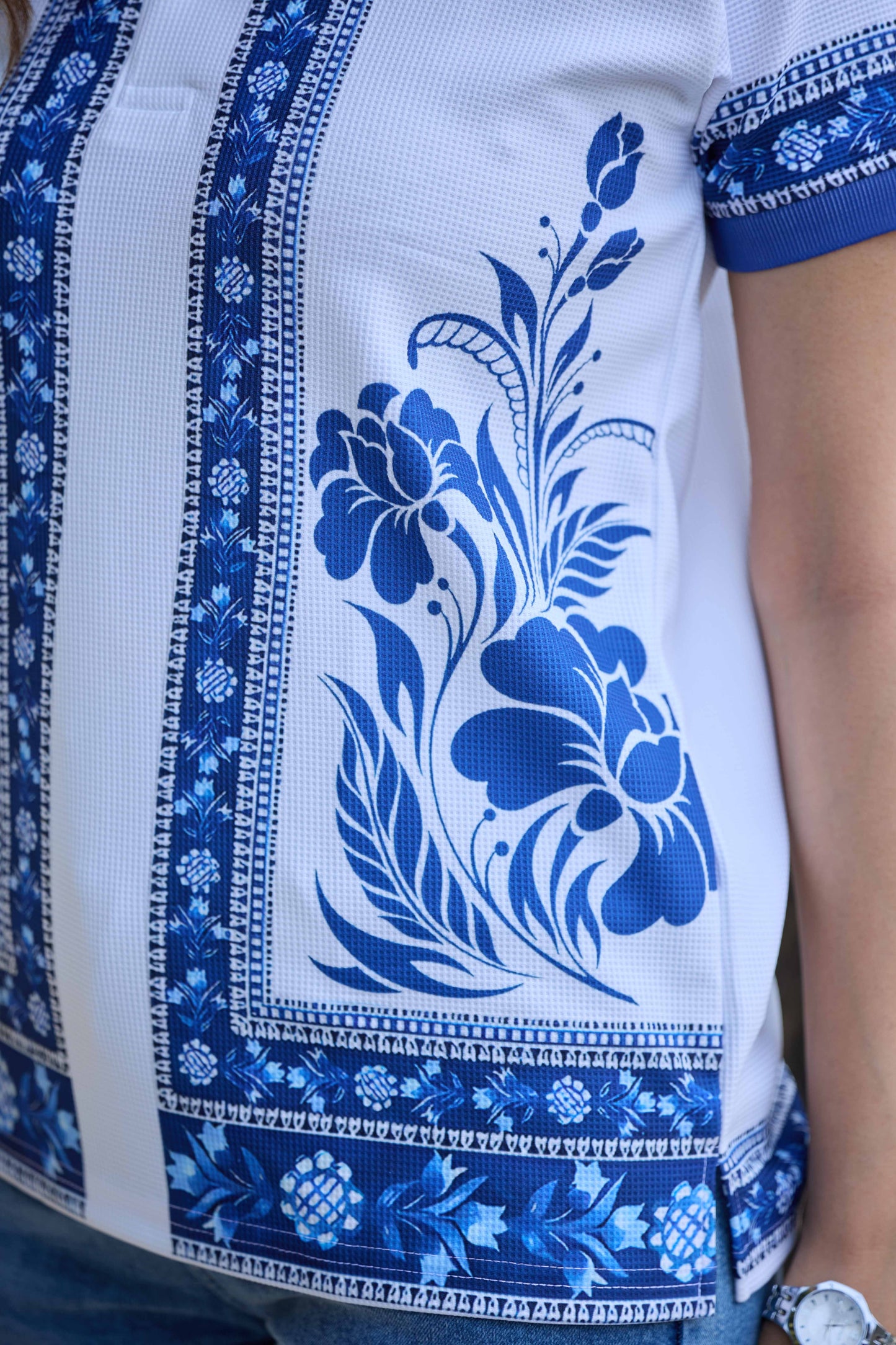 Women’s White & Blue Floral Printed Polo T-Shirt