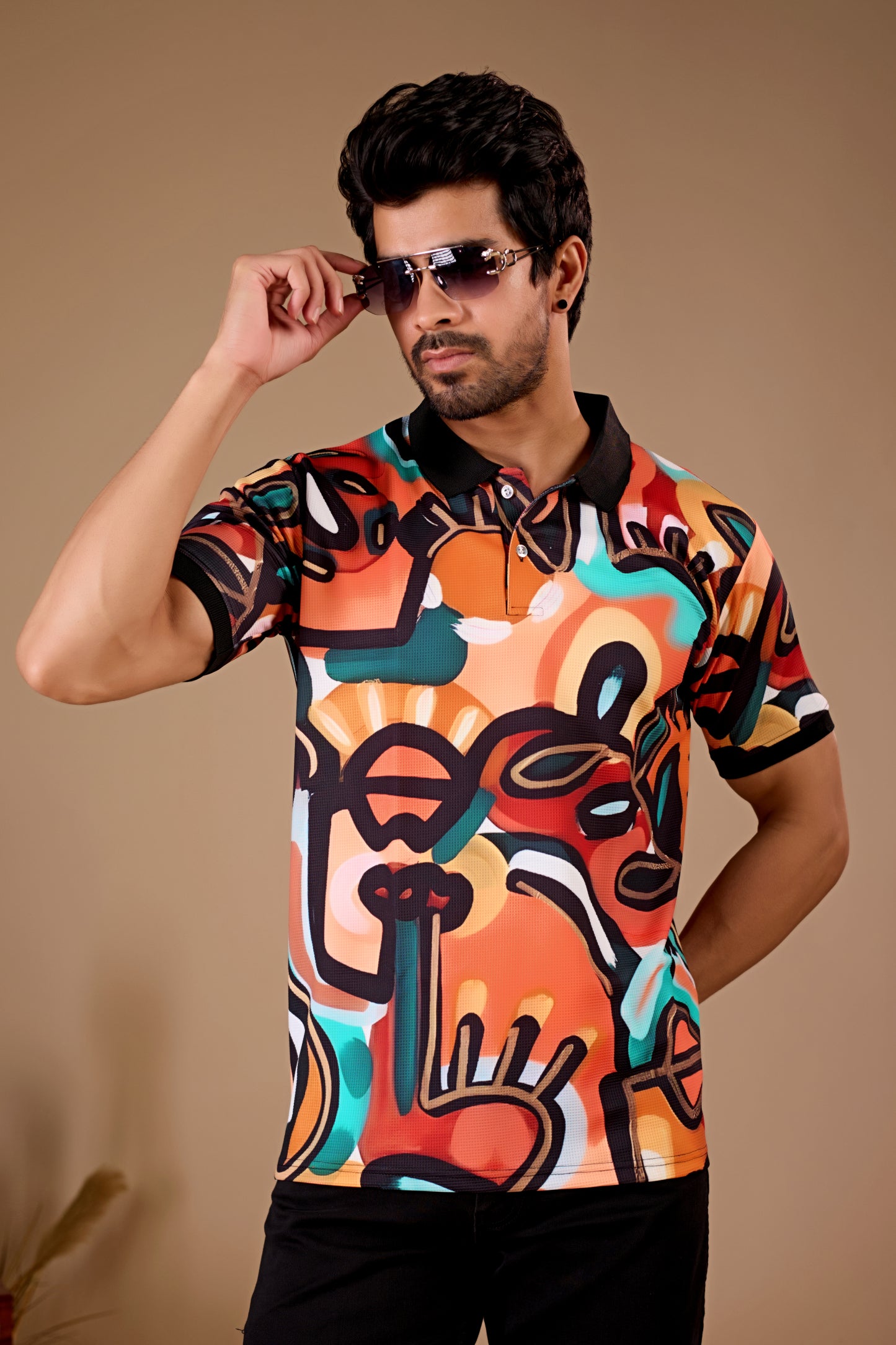 Multicolor Premium Fabric Regular Printed Polo T Shirt For Men