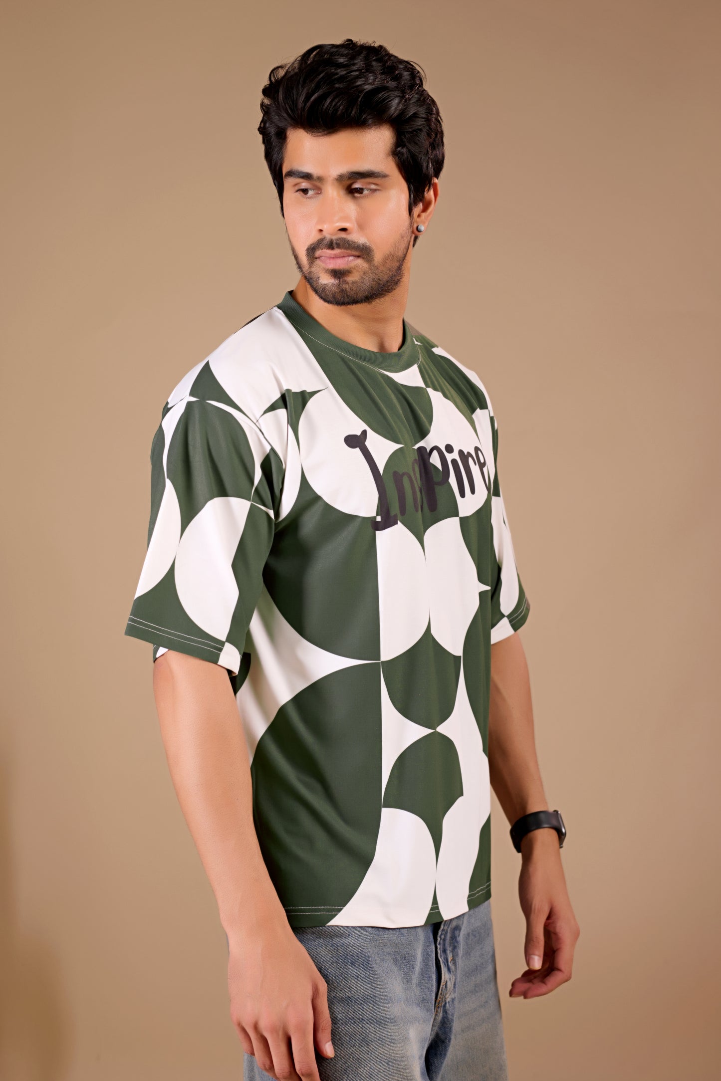 Olive Premium Fabric Oversized Printed T Shirt For Men