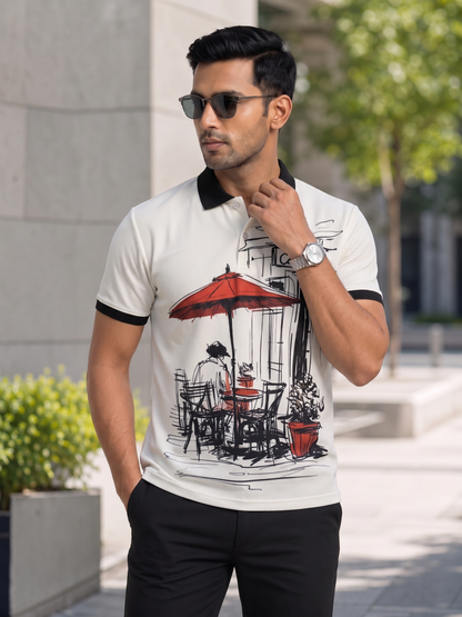 Street Side Cafe Sketch Men's Polo T-Shirt � White