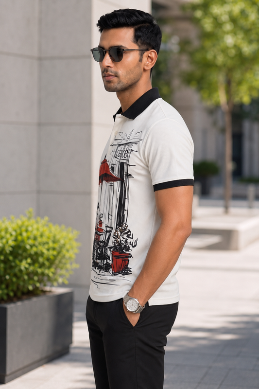 Street Side Cafe Sketch Men's Polo T-Shirt � White