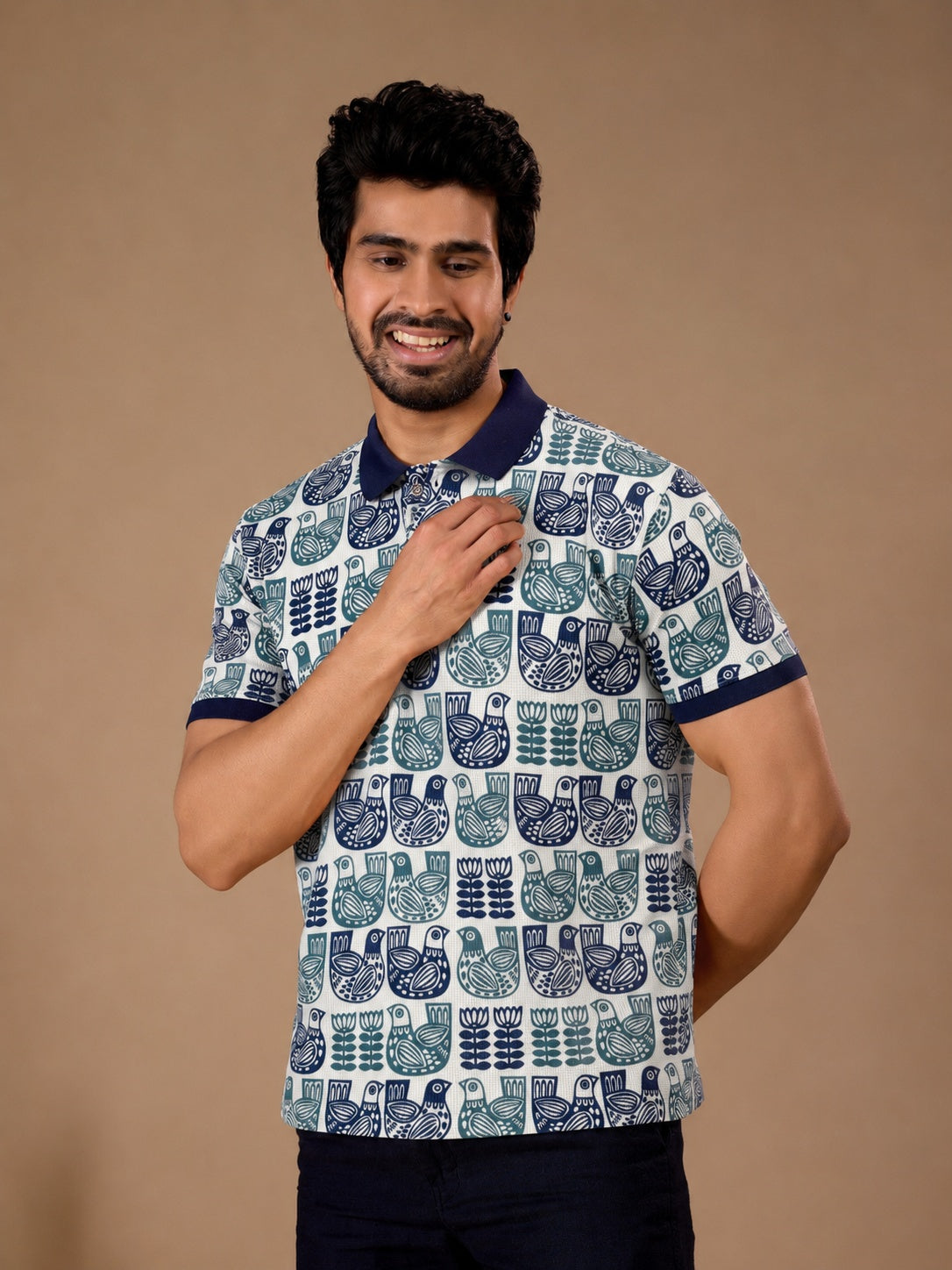 Tshirtsbuddy Men's Folk Art Bird and Floral Polo T-Shirt