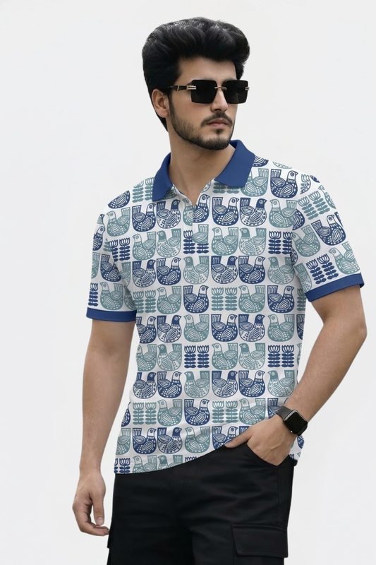 Tshirtsbuddy Men's Folk Art Bird and Floral Polo T-Shirt