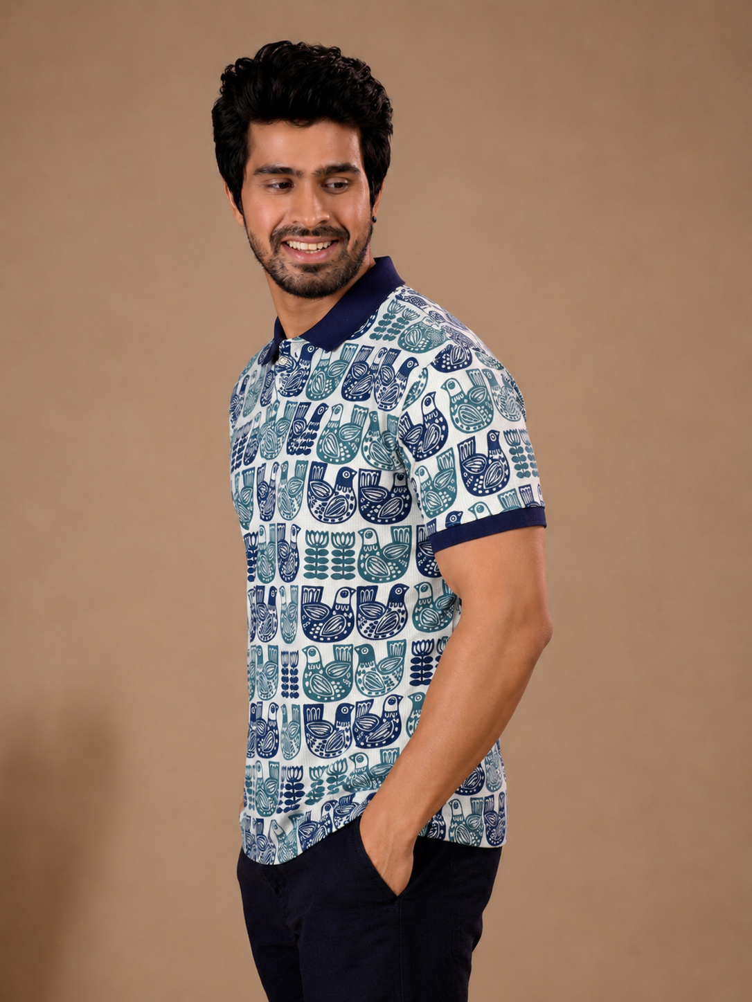 Tshirtsbuddy Men's Folk Art Bird and Floral Polo T-Shirt
