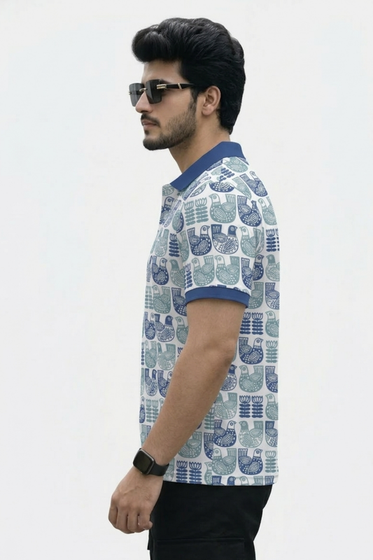 Tshirtsbuddy Men's Folk Art Bird and Floral Polo T-Shirt