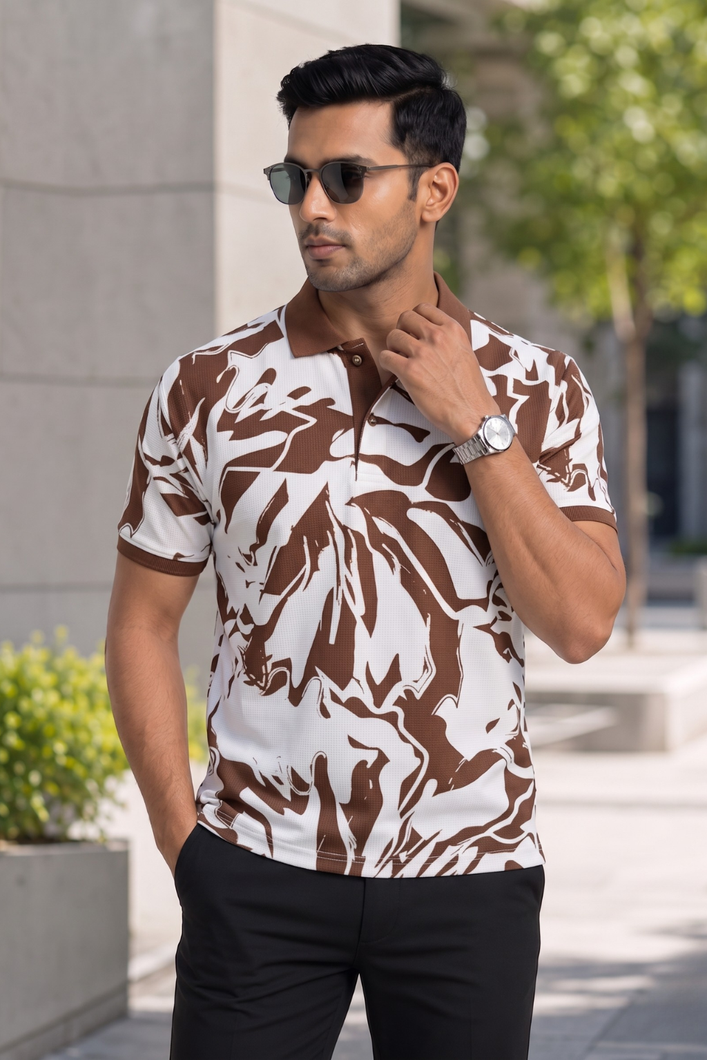 Tshirtsbuddy Men's Rustic Brown Abstract Camo & Leaf Print Polo T-Shirt