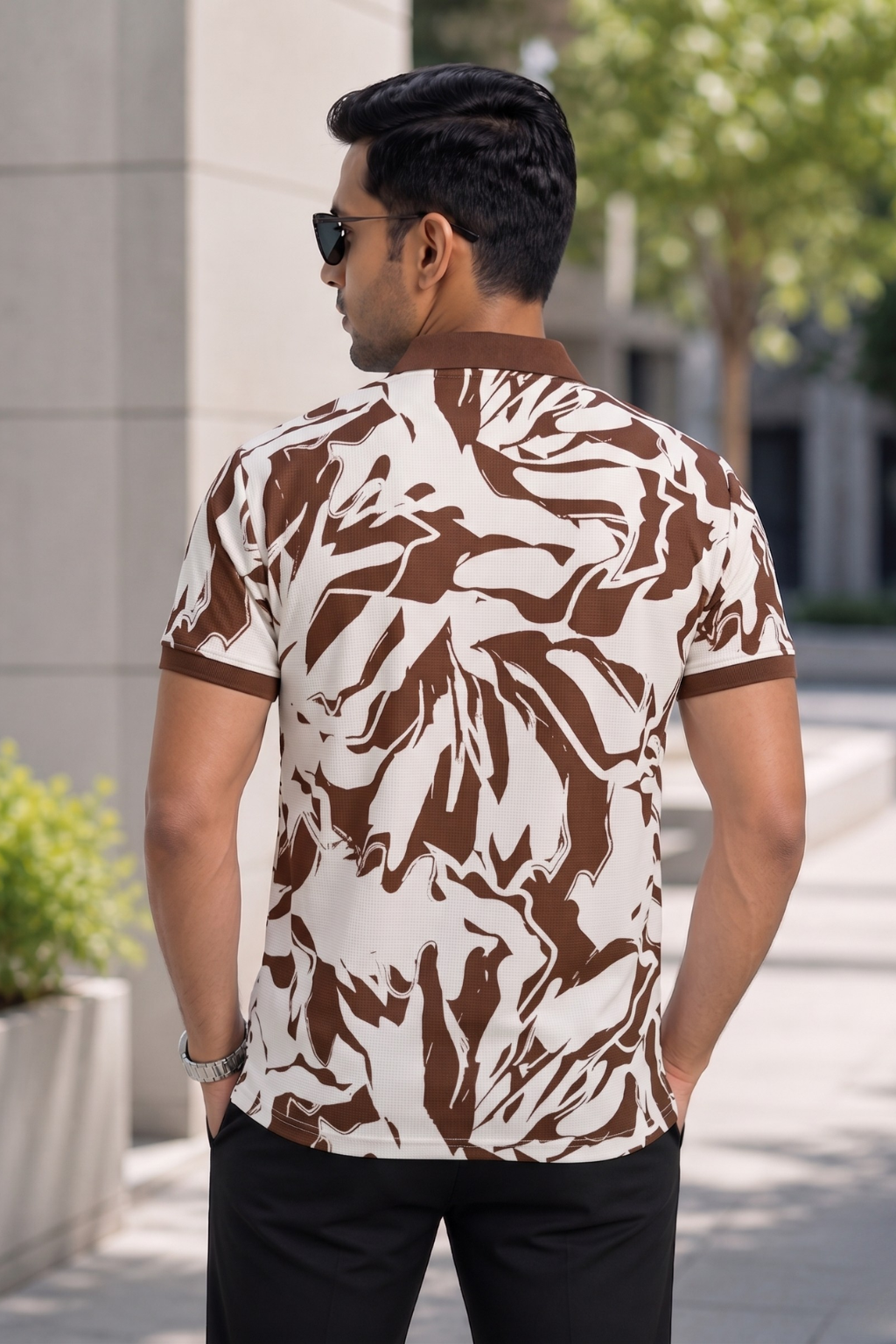 Tshirtsbuddy Men's Rustic Brown Abstract Camo & Leaf Print Polo T-Shirt