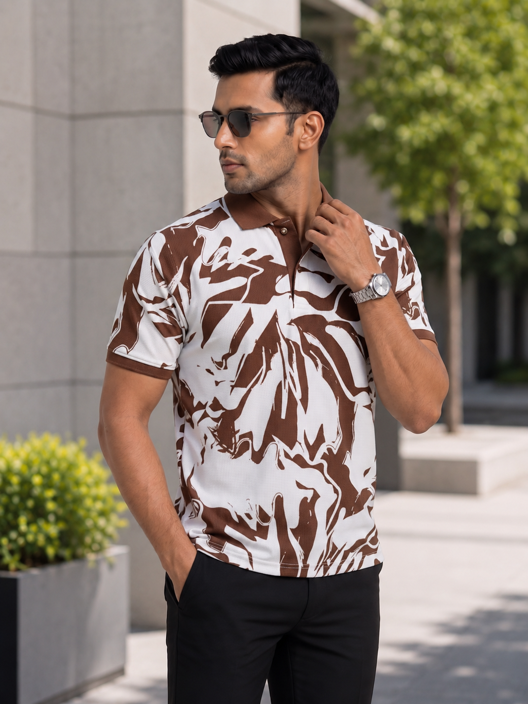 Tshirtsbuddy Men's Rustic Brown Abstract Camo & Leaf Print Polo T-Shirt