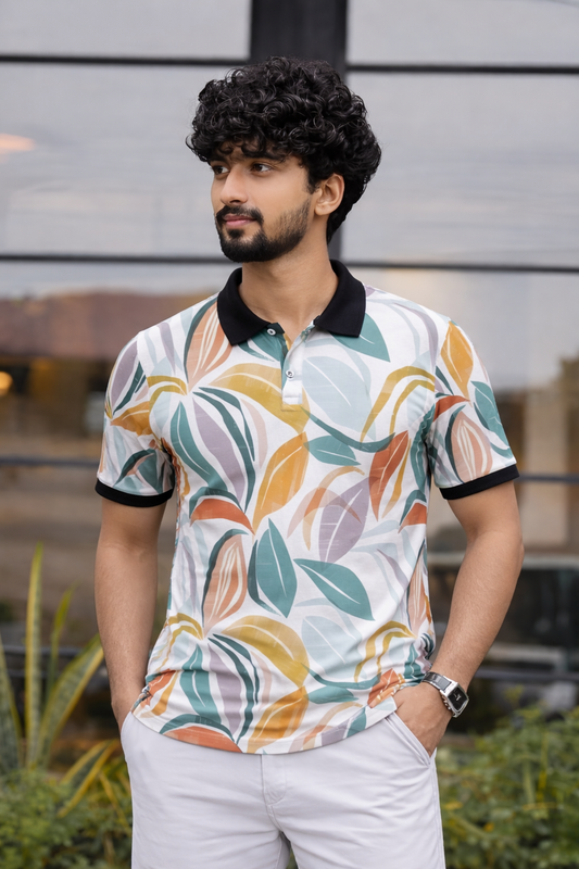 Tshirtsbuddy Men's Tropical Leaf & Feather Print Polo T-Shirt