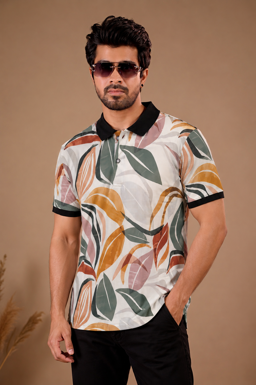 Tshirtsbuddy Men's Tropical Leaf & Feather Print Polo T-Shirt