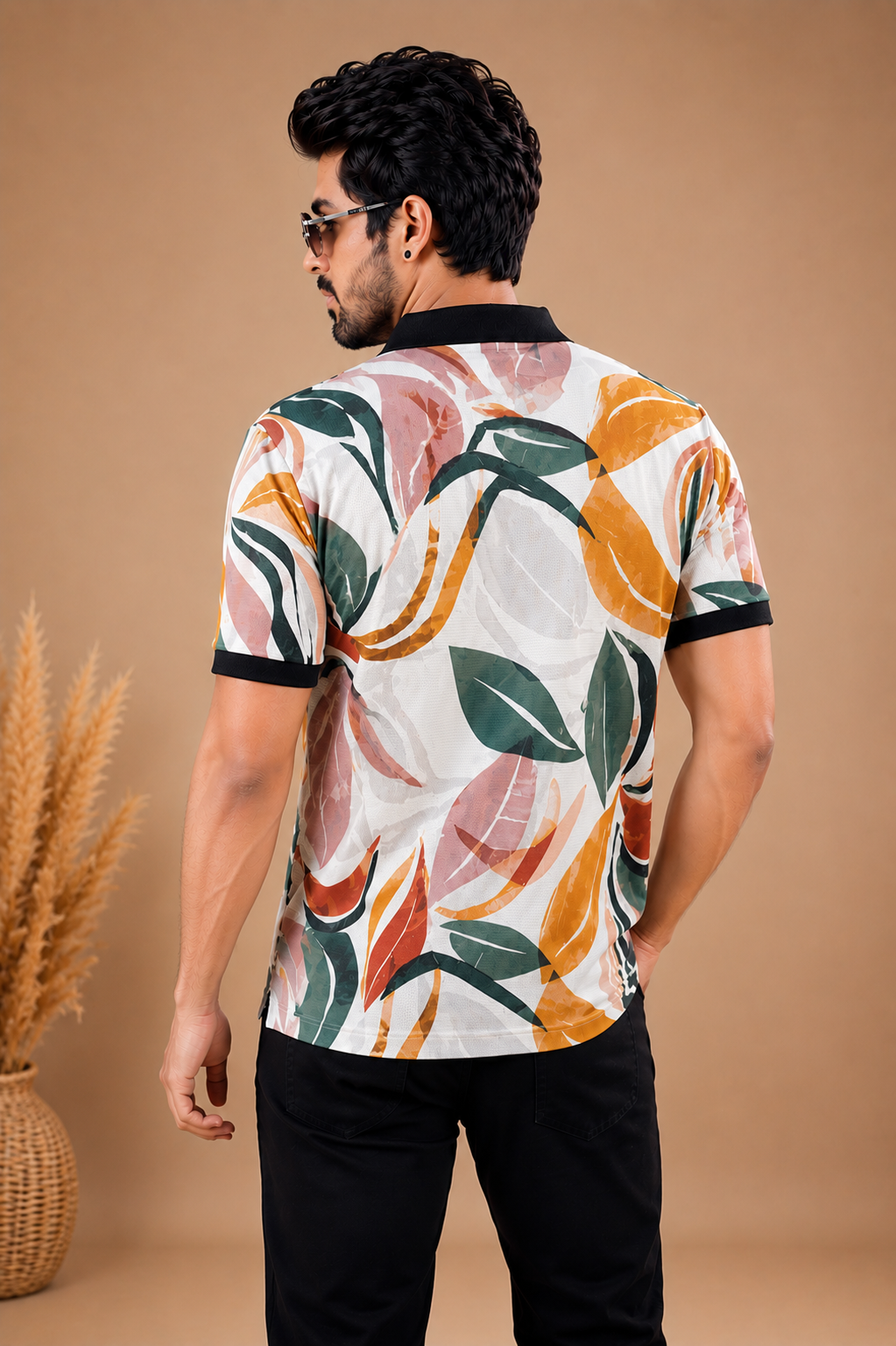Tshirtsbuddy Men's Tropical Leaf & Feather Print Polo T-Shirt