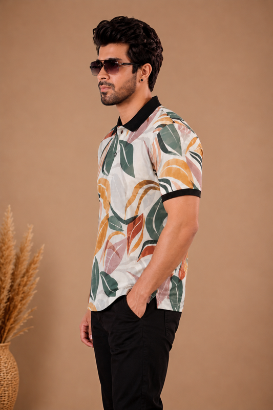 Tshirtsbuddy Men's Tropical Leaf & Feather Print Polo T-Shirt