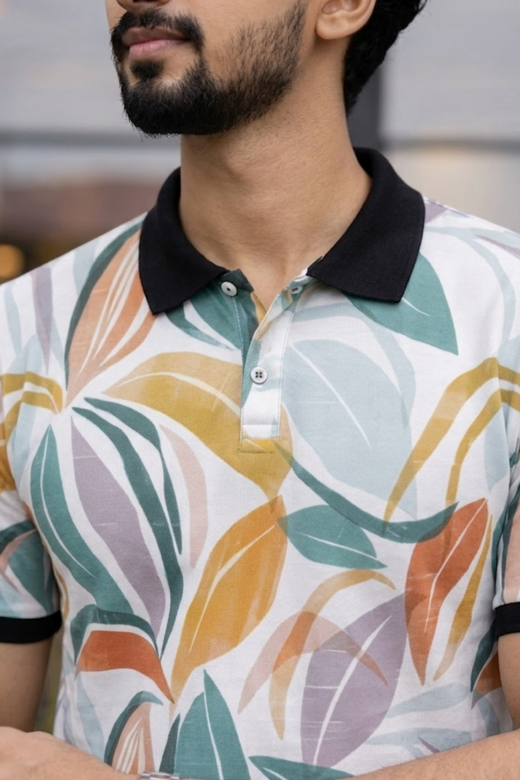Tshirtsbuddy Men's Tropical Leaf & Feather Print Polo T-Shirt
