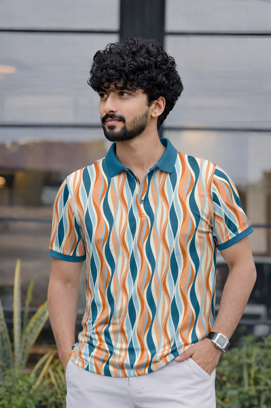 Tshirtsbuddy Men's Vintage Wavy Stripe Polo T-Shirt