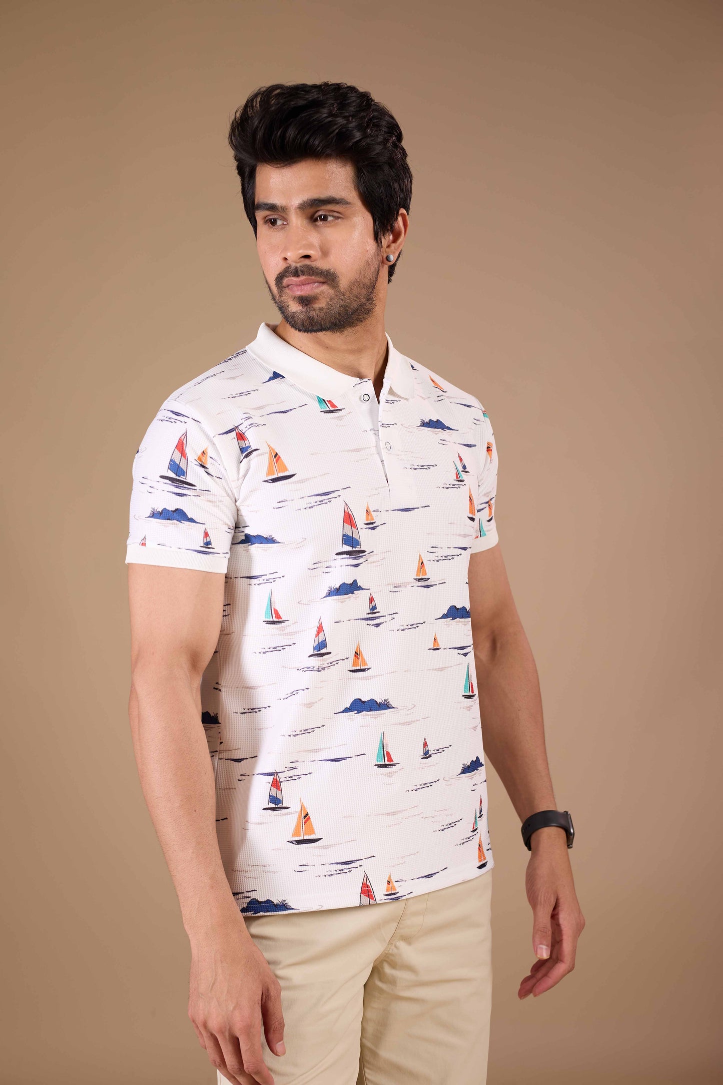 Tshirtsbuddy Men's White Nautical Sailboat Polo T-Shirt