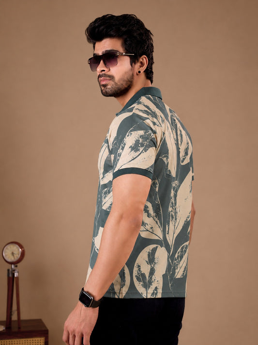 TshirtsBuddy Mens Rustic Distressed White Leaf Print Polo Tshirt