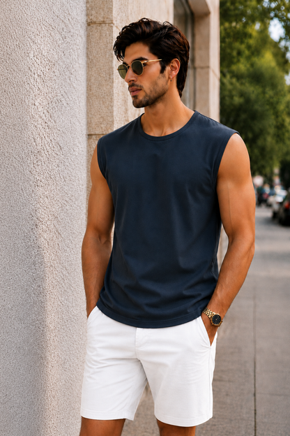 Men’s Navy Blue Sleeveless Tank Top with White Shorts