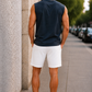 Men’s Navy Blue Sleeveless Tank Top with White Shorts