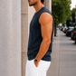 Men’s Navy Blue Sleeveless Tank Top with White Shorts