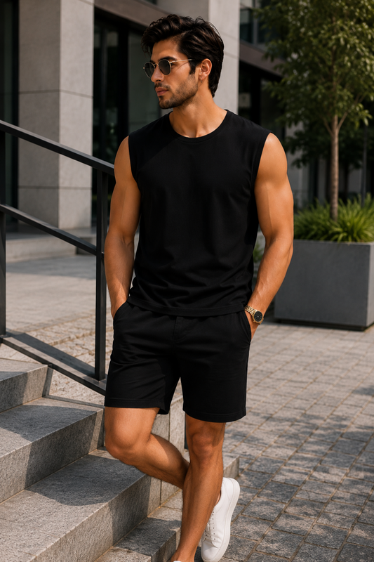 Men’s Black Sleeveless Tank Top with Matching Shorts