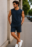 Men’s Navy Blue Sleeveless Tank Top with Matching Shorts