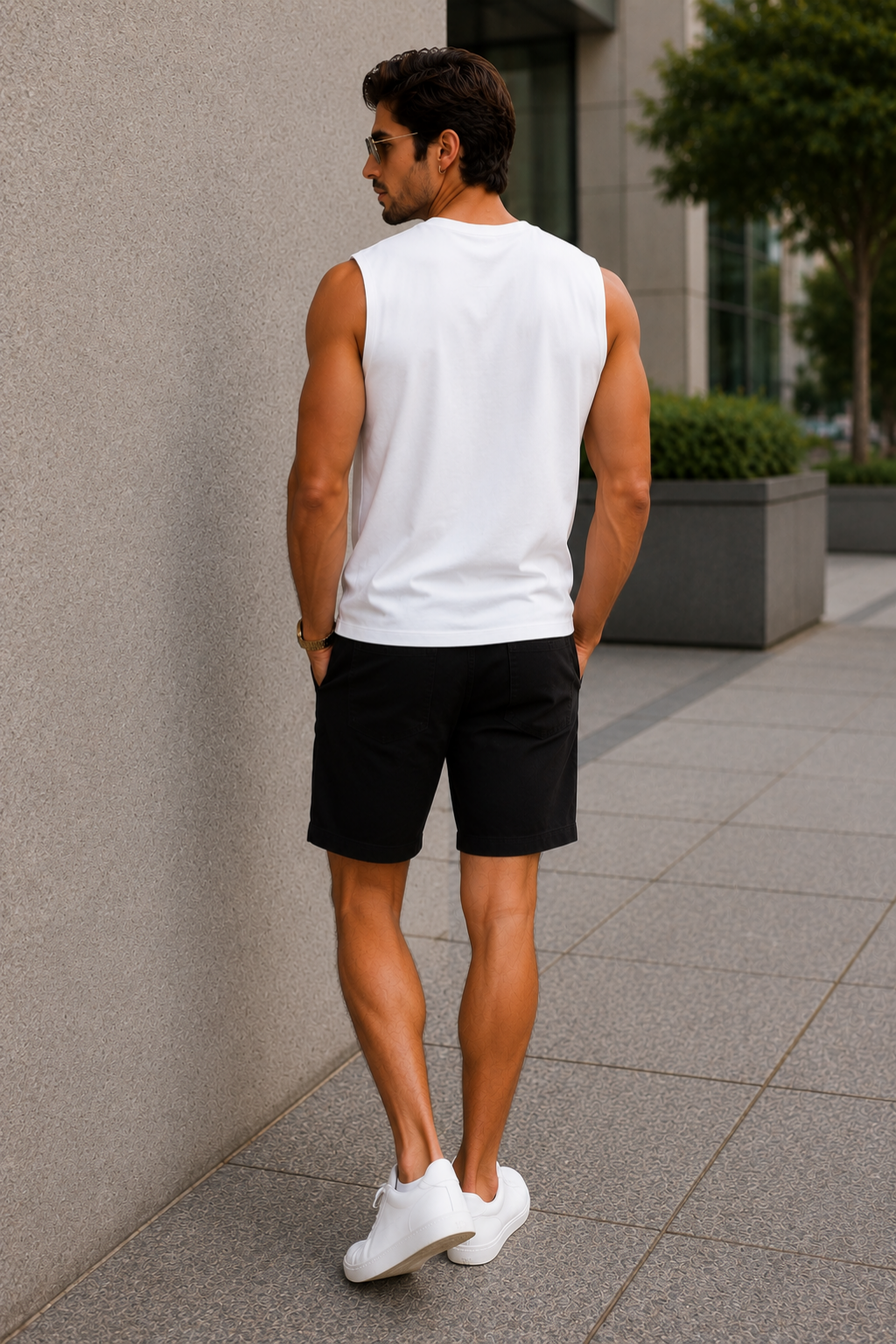 Men’s White Sleeveless Tank Top with Black Shorts