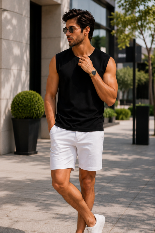 Men’s Black Sleeveless Tank Top with White Shorts