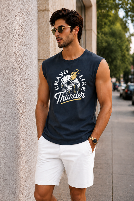 Men’s Navy Blue Graphic Sleeveless Tank Top with White Shorts