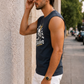 Men’s Navy Blue Graphic Sleeveless Tank Top with White Shorts