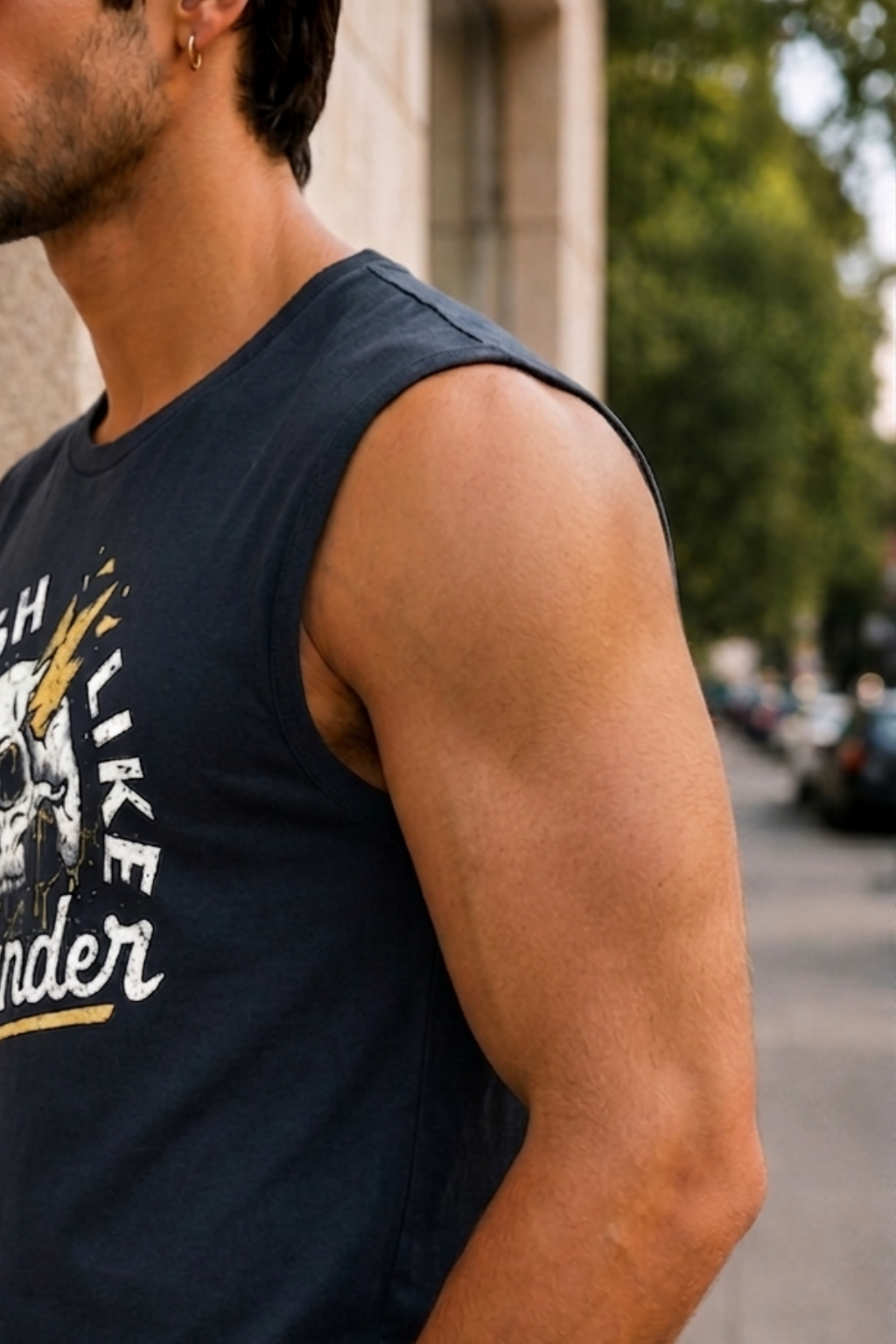 Men’s Navy Blue Graphic Sleeveless Tank Top with White Shorts