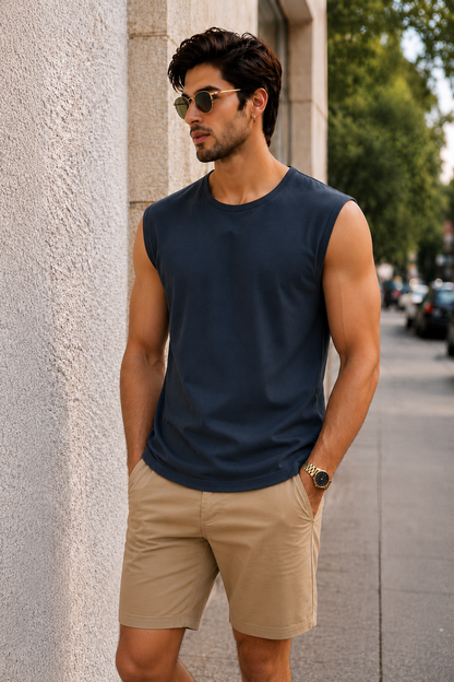 Men’s Navy Blue Sleeveless Tank Top with Beige Shorts