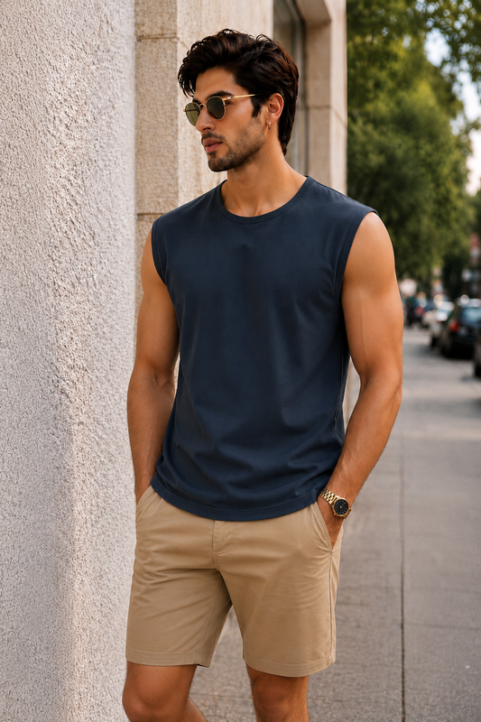 Men’s Navy Blue Sleeveless Tank Top with Beige Shorts