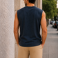 Men’s Navy Blue Sleeveless Tank Top with Beige Shorts