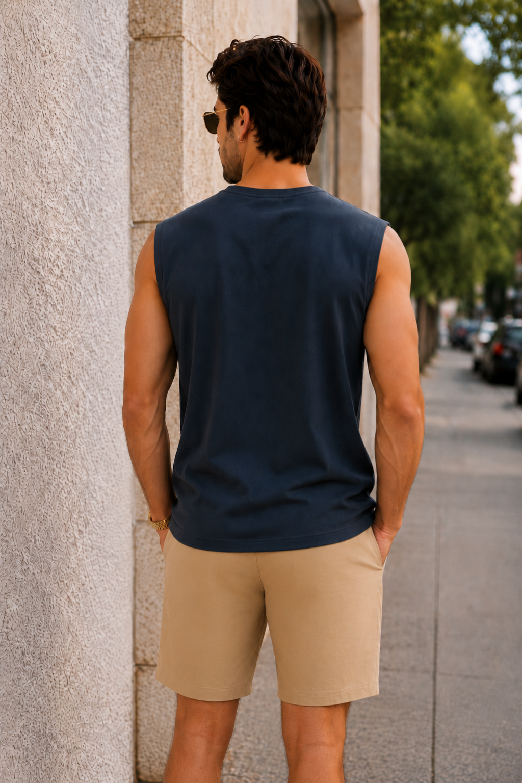 Men’s Navy Blue Sleeveless Tank Top with Beige Shorts