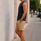 Men’s Navy Blue Sleeveless Tank Top with Beige Shorts