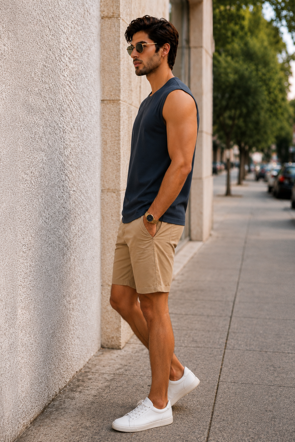 Men’s Navy Blue Sleeveless Tank Top with Beige Shorts