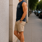 Men’s Navy Blue Brooklyn Printed Sleeveless Tank Top with Beige Shorts